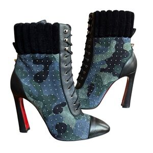 Christian Louboutin Dakita 100 Studded Spike Camo Suede Bootie EU 36.5 US 6.5